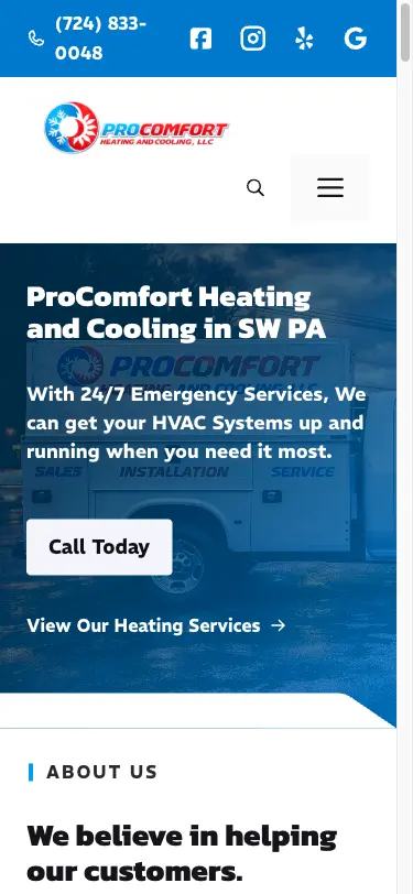 ProComfort HVAC mobile view